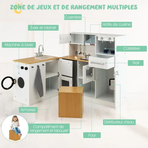 Cuisine d’imitation enfants en bois avec tabouret et machine à laver cafetière distributeur d'eaupour enfants  3 ans+ 20_0006447