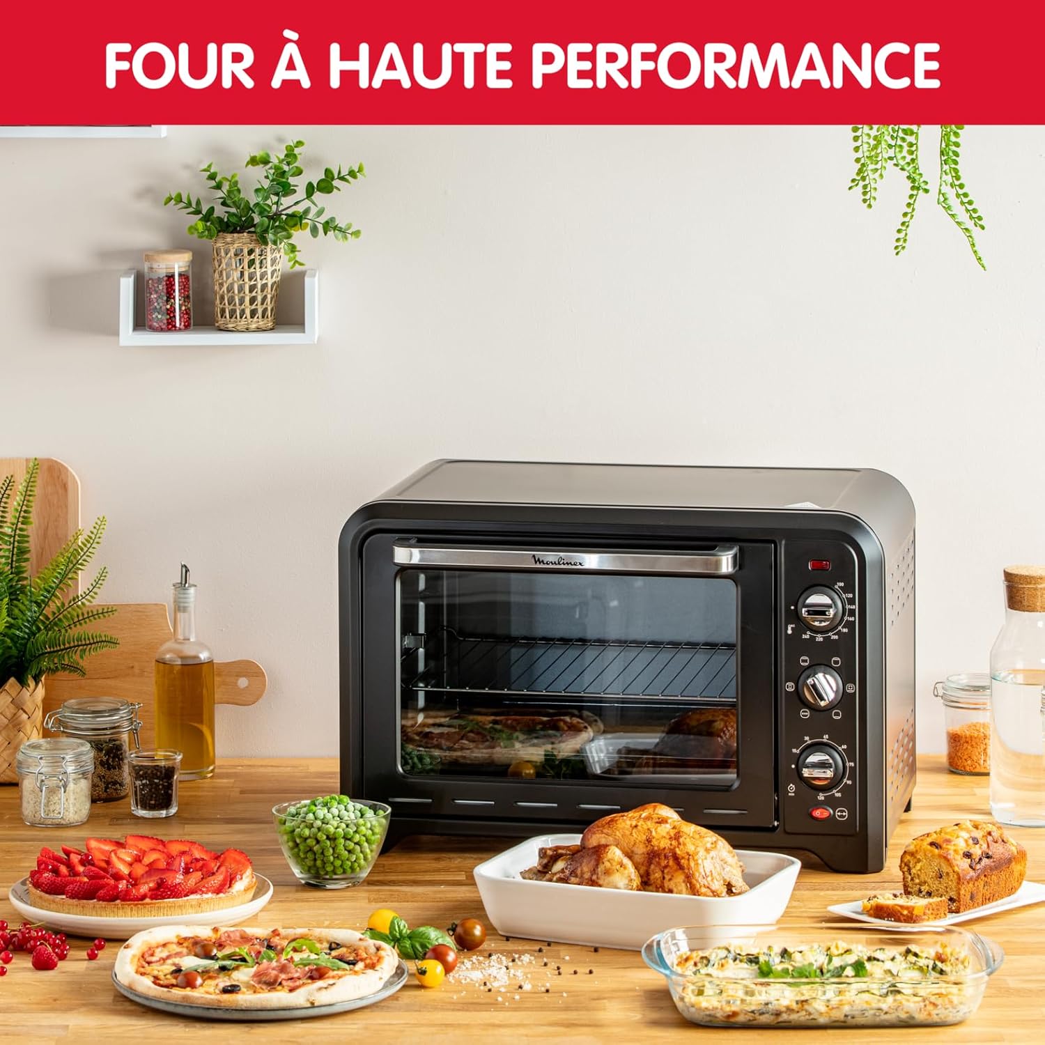 Moulinex Four électrique posable 19 L, Compact, chaleur tournante, 6 modes de cuisson, Thermostat réglable jusqu’à 240°C, Minuteur 120 min, Grille réversible, Lèche frites, Optimo noir OX444810