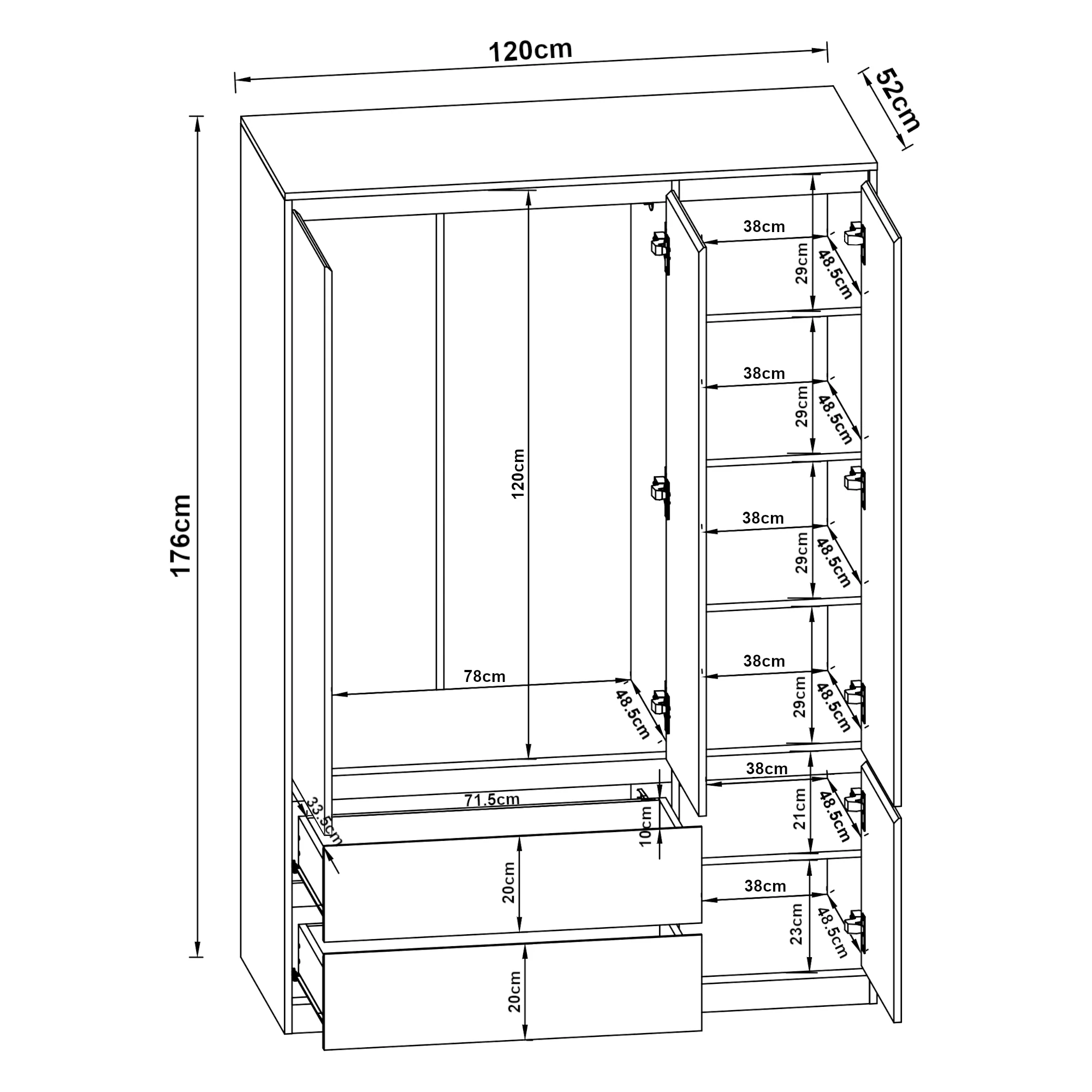 Armoire de chambre garde-robe moderne meuble de rangement intemporel avec 6 tagères et 2 tiroirs MDF 176 x 120 x 52 cm effet chêne blanc 03_0006365