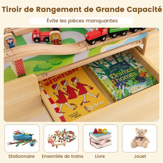 Ensemble de jouets de train et table en bois 84 pièces plateau réversible et amovible tiroir rails en bois massif figurines   20_0008479