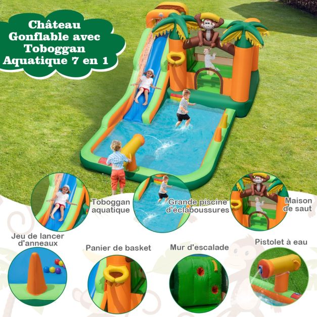 Chteau gonflable 7 en 1  tropical à thème singe et palmier avec toboggan aquatique avec piscine et 50 boules charge 90kg pour 2 enfants de 3-10 ans 20_0007620