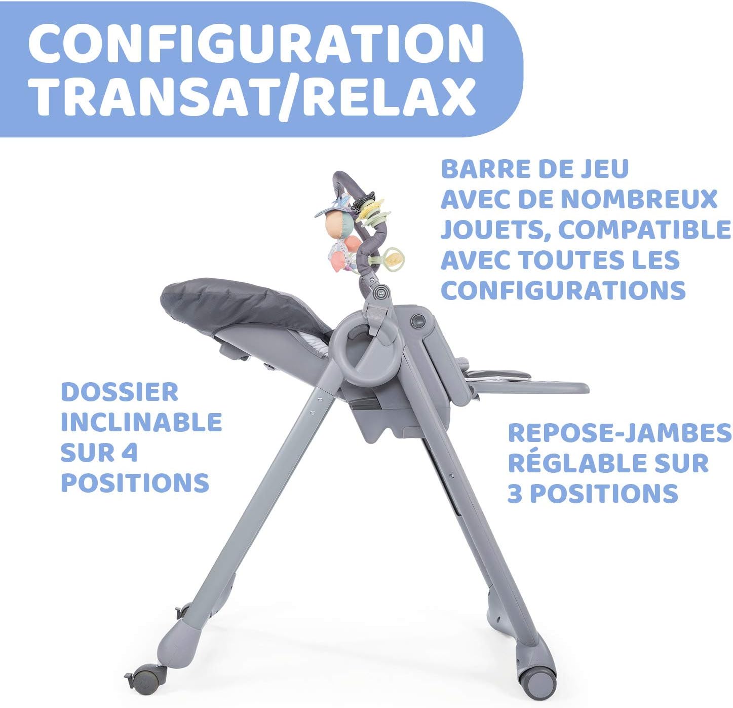 Chicco Polly Magic Relax Chaise Haute Bébé volutive et Pliable à 4 Roues, Enfants de la Naissance à 3 ans (15 kg), Inclinable en Transat, avec Coussin Réducteur et Barre de Jeux - Gris