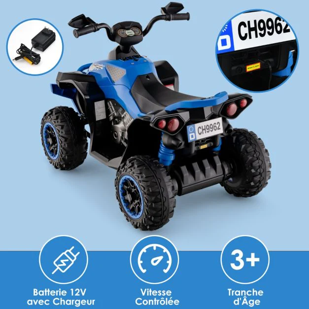 Quad electrique pour enfants 12v 7ah led musique pédale klaxon 3-4 km/h pour enfants de 3 à 8 ans bleu 20_0005929