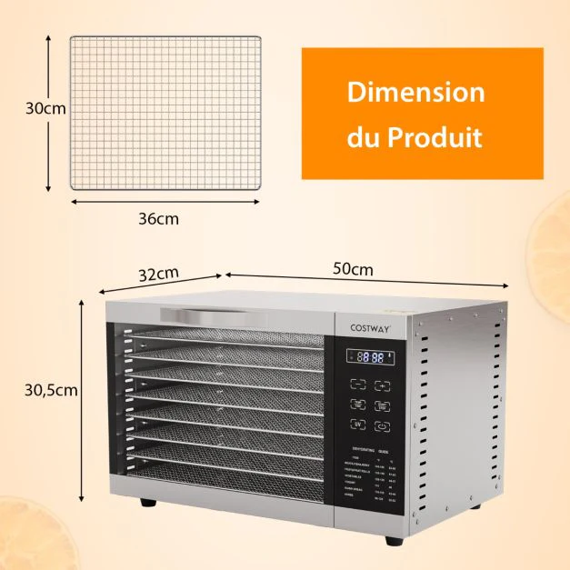 Déshydrateur alimentaire 8 plateaux en maille amovibles séchoir alimentaire pour fruits viandes contrle de température minuterie protection argent 20_0005258