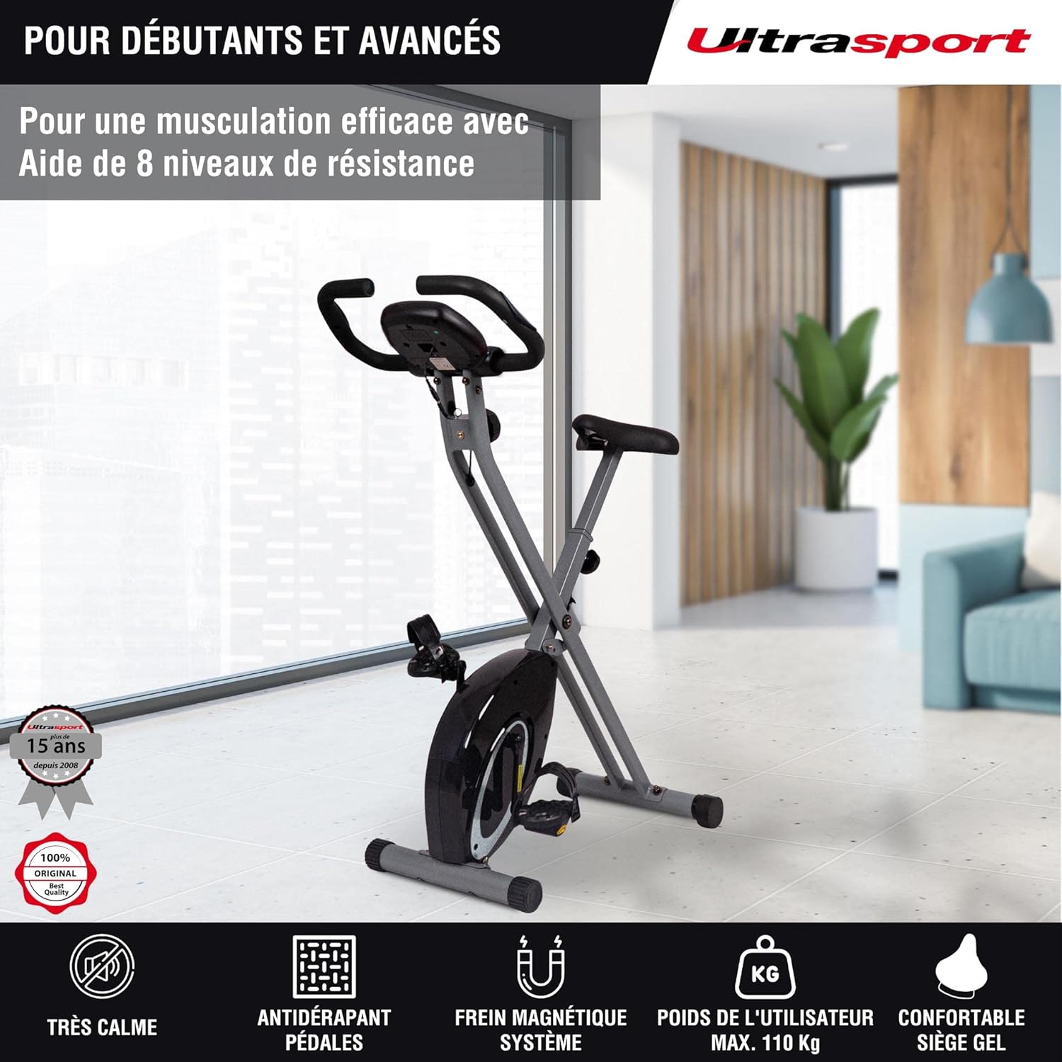 Ultrasport F-Bike, entraneur vélo, vélo d'appartement, home trainer pliable, écran LCD, opt. capteurs pouls main, Niveaux de résistance réglables, faciles à assembler, idéal pour athlètes et seniors