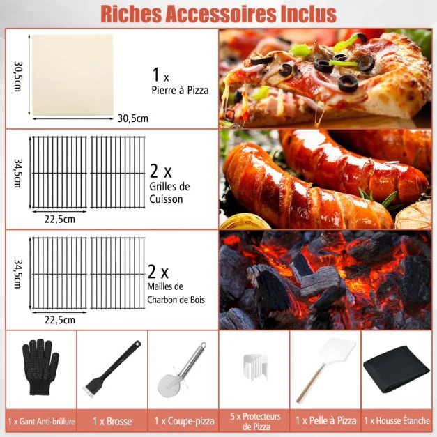Four à pizza extérieur au charbon avec pelle à pizza pierre à pizza housse étanche cheminée et thermomètre double noir 20_0006242