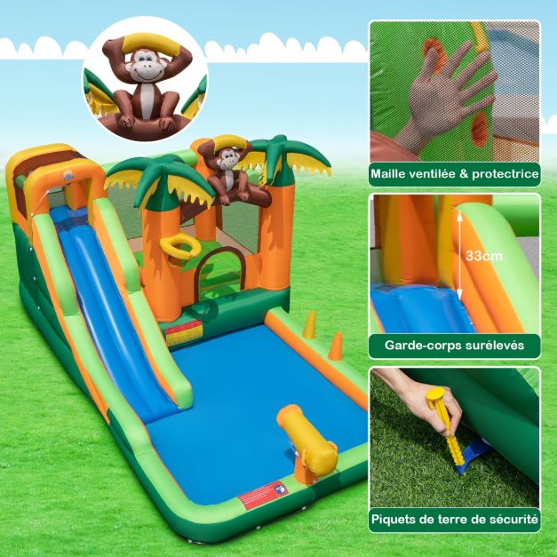 Chteau gonflable 7 en 1  tropical à thème singe et palmier avec toboggan aquatique avec piscine et 50 boules charge 90kg pour 2 enfants de 3-10 ans 20_0007620