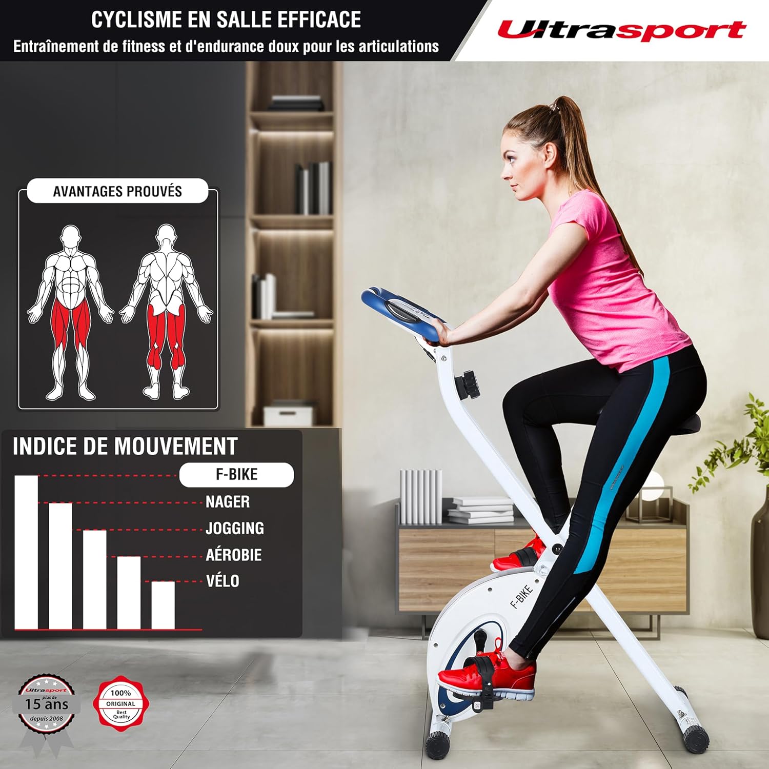 Ultrasport F-Bike, entraneur vélo, vélo d'appartement, home trainer pliable, écran LCD, opt. capteurs pouls main, Niveaux de résistance réglables, faciles à assembler, idéal pour athlètes et seniors