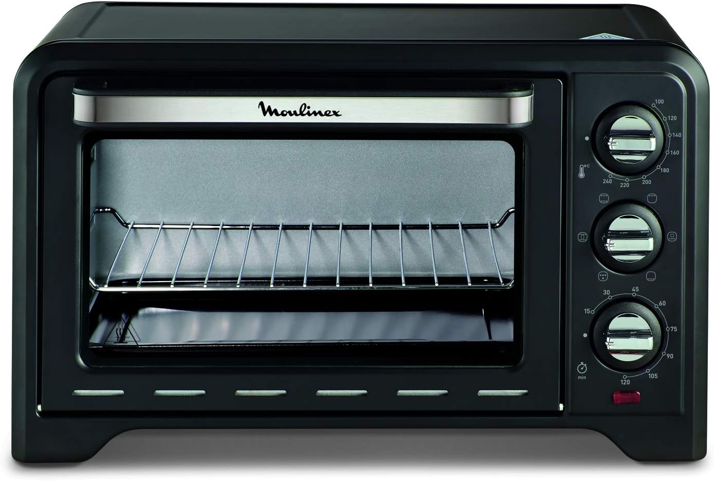 Moulinex Four électrique posable 19 L, Compact, chaleur tournante, 6 modes de cuisson, Thermostat réglable jusqu’à 240°C, Minuteur 120 min, Grille réversible, Lèche frites, Optimo noir OX444810