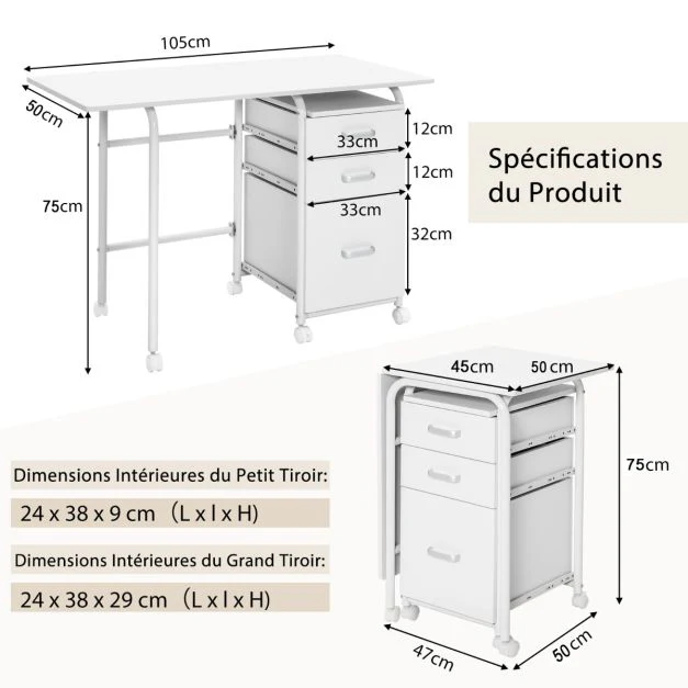 Bureau pliable avec 3 tiroirs table d'écriture roues verrouillables avec cadre en métal pour dortoir appartement blanc 20_0008020