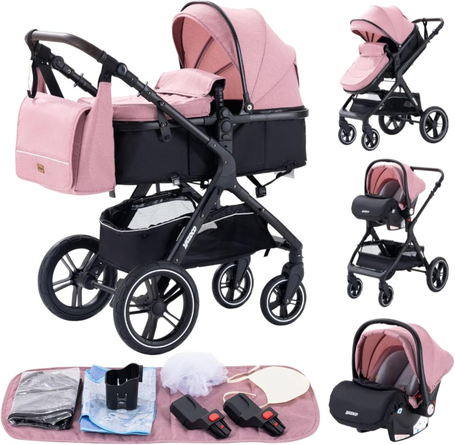 YAZOCO Poussette 3 en 1 Pliable Poussette Bebe Confort Moustiquaire, Couvre - Pieds, Porte - Gobelet, Coussin Poussettes et Landaus