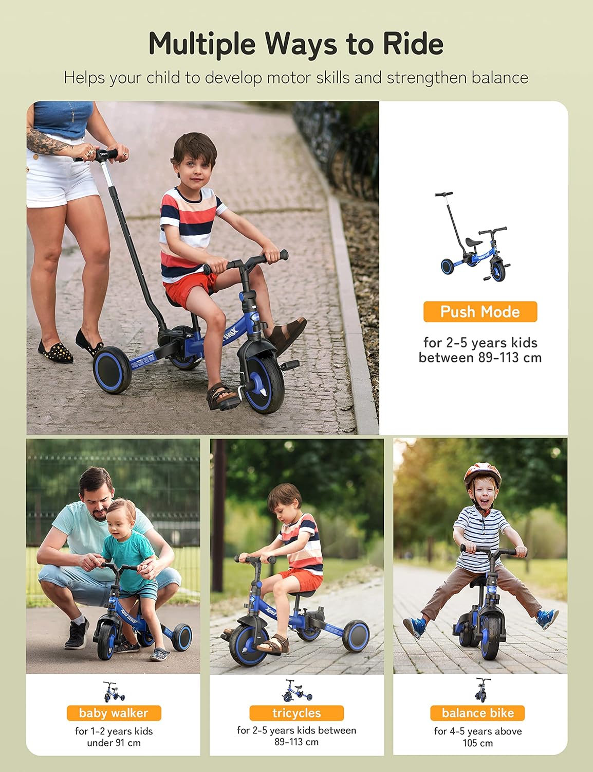 besrey 5 en 1 Tricycle Enfant bébé évolutif 1-4 Ans,Vélo Draisienne,Vélo sans Pédale,Noir