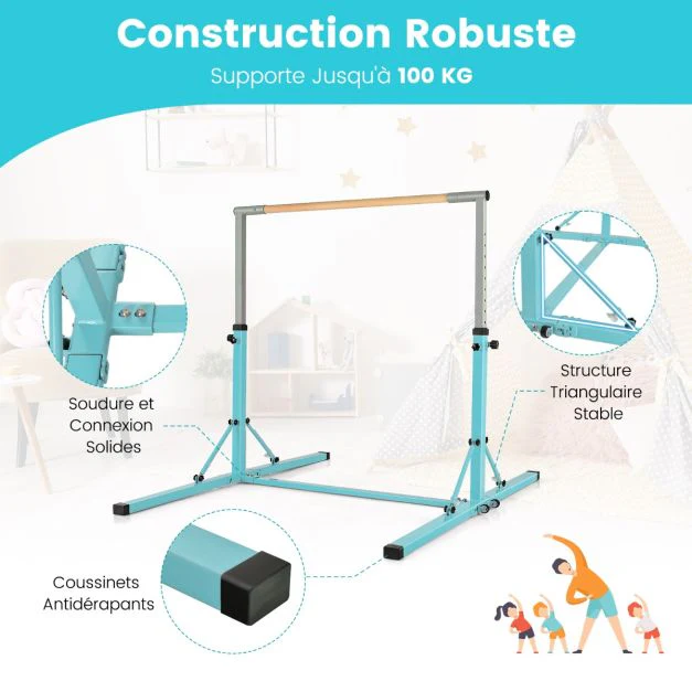 Barre de gymnastique pliable pour enfants avec 13 hauteurs réglables (90-150cm) barre d'entranement junior avec structure triangulaire charge 100kg bleu 20_0007832