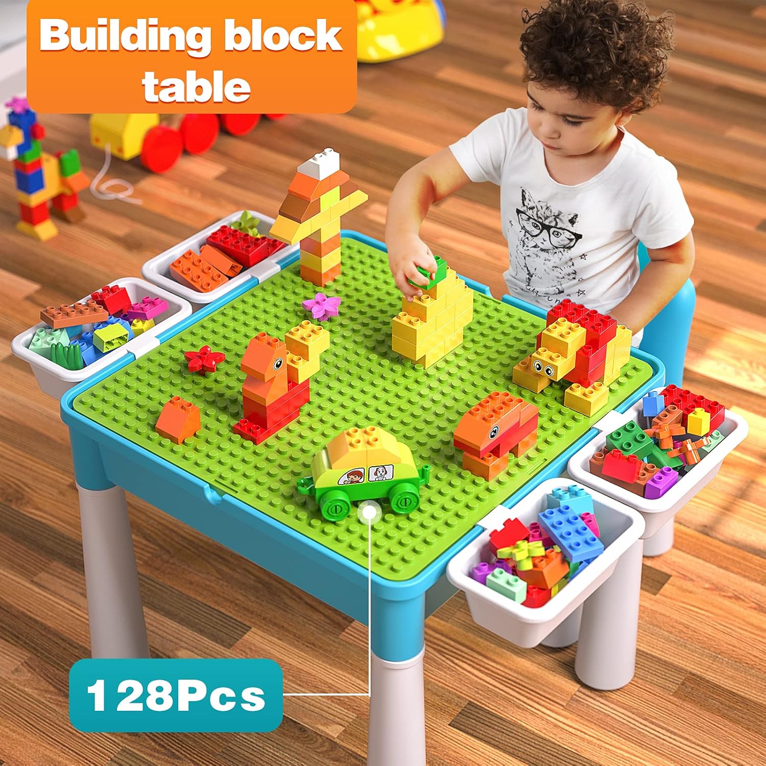 burgkidz Ensemble de Table Multi-activités pour Enfants 5-en-1-128 Pièces Blocs de Construction de Grandes Briques Compatibles, Jeu Comprenant 1 Chaise et 1 Table avec Rangement, Bleu