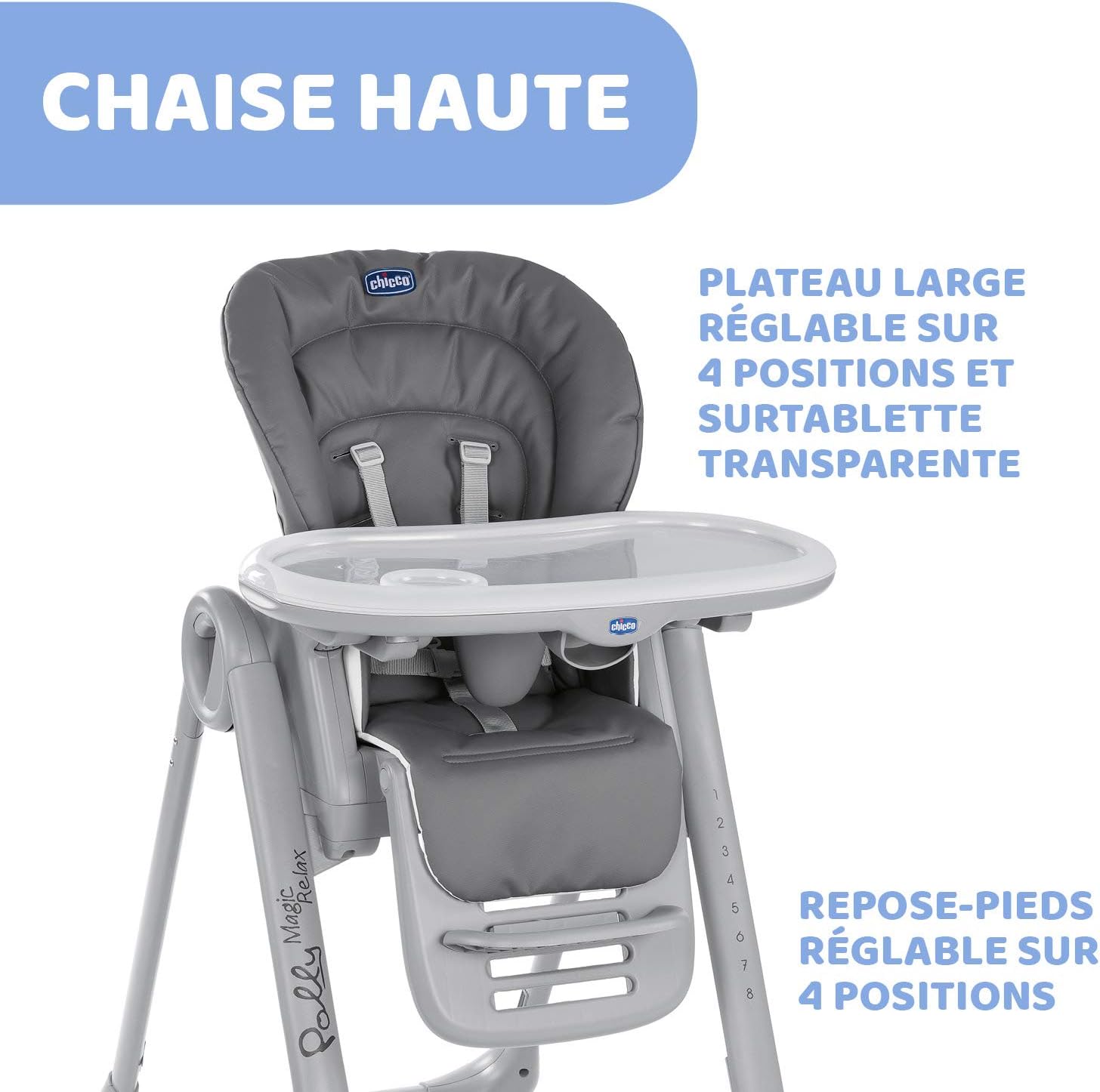 Chicco Polly Magic Relax Chaise Haute Bébé volutive et Pliable à 4 Roues, Enfants de la Naissance à 3 ans (15 kg), Inclinable en Transat, avec Coussin Réducteur et Barre de Jeux - Gris