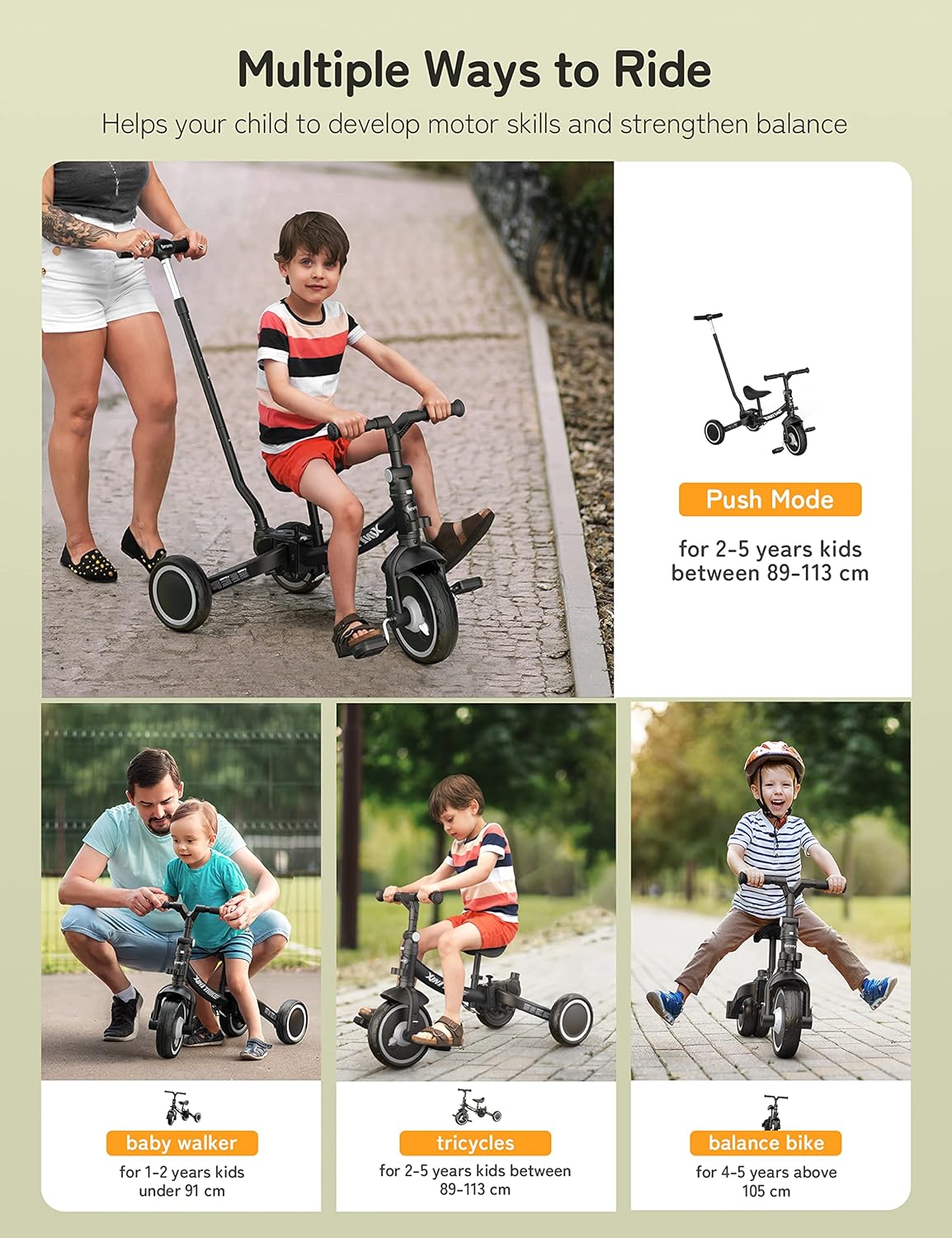 besrey 5 en 1 Tricycle Enfant bébé évolutif 1-4 Ans,Vélo Draisienne,Vélo sans Pédale,Noir
