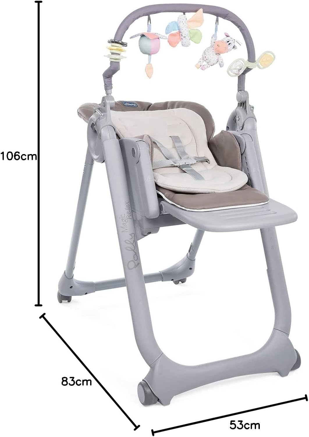 Chicco Polly Magic Relax Chaise Haute Bébé volutive et Pliable à 4 Roues, Enfants de la Naissance à 3 ans (15 kg), Inclinable en Transat, avec Coussin Réducteur et Barre de Jeux - Gris