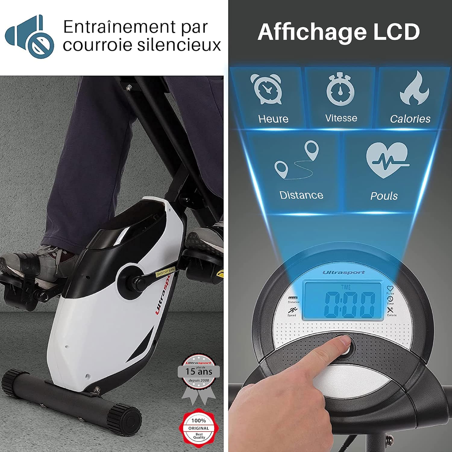 Ultrasport F-Bike, entraneur vélo, vélo d'appartement, home trainer pliable, écran LCD, opt. capteurs pouls main, Niveaux de résistance réglables, faciles à assembler, idéal pour athlètes et seniors