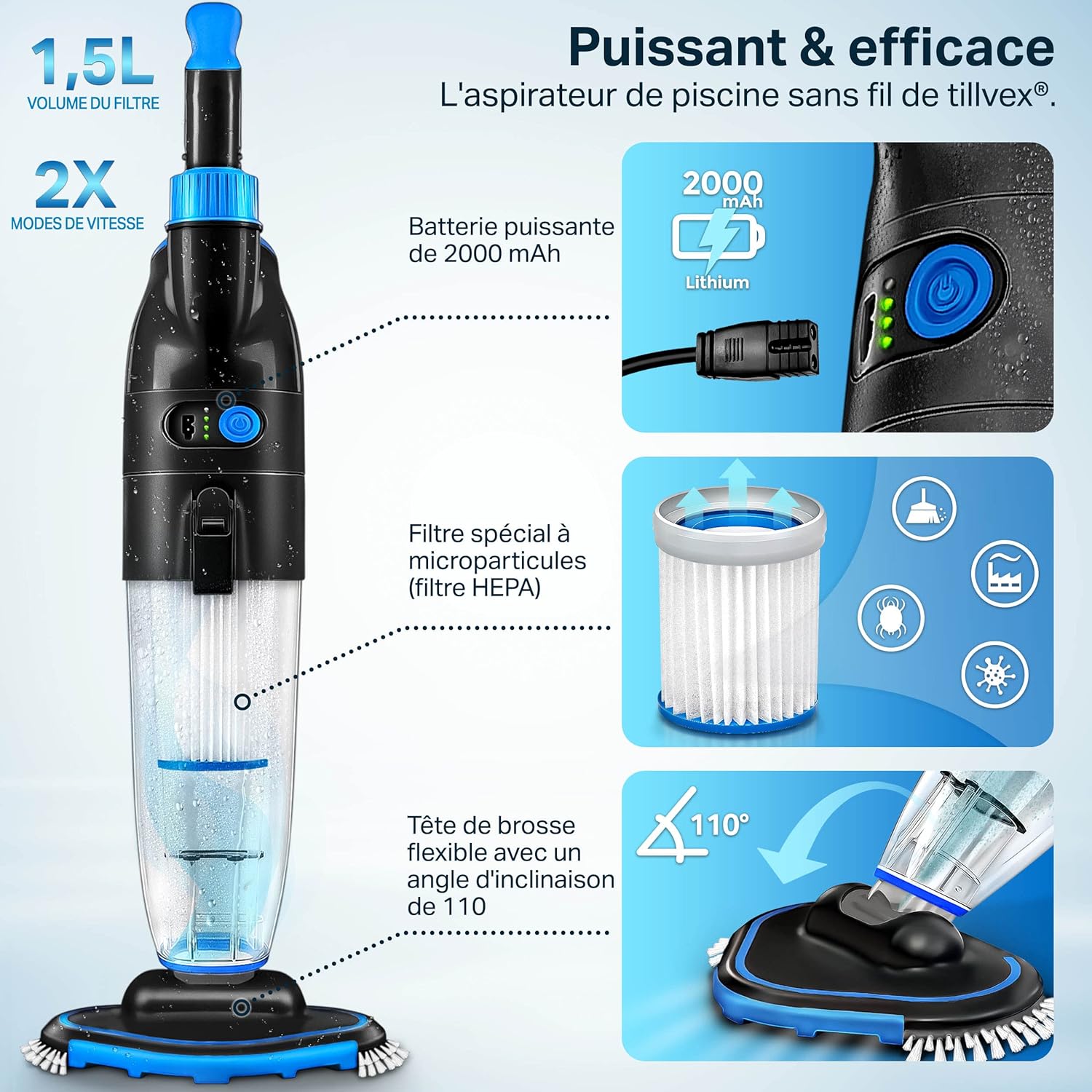 tillvex Aspirateur Électrique pour Piscines | Nettoyeur de Piscine sans Fil avec Manche Télescopique | Kit de Nettoyage avec Filtre & 2 Vitesses | Rechargeable