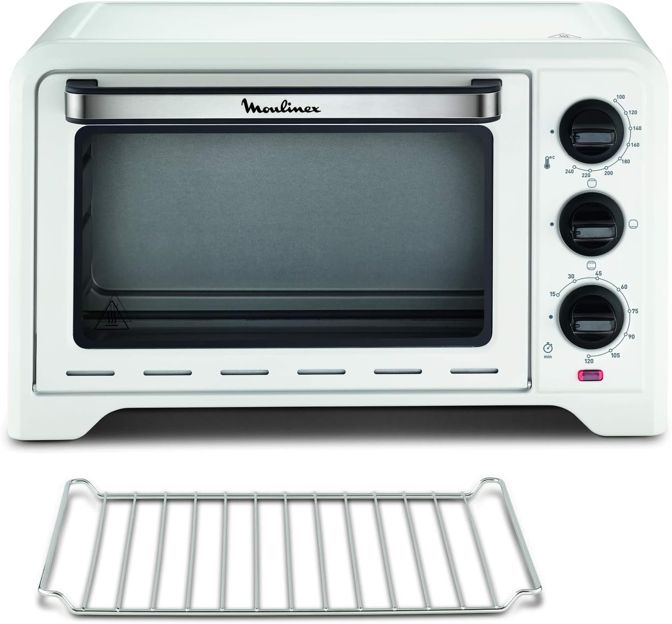 Moulinex Four électrique posable 19 L, Compact, chaleur tournante, 6 modes de cuisson, Thermostat réglable jusqu’à 240°C, Minuteur 120 min, Grille réversible, Lèche frites, Optimo noir OX444810