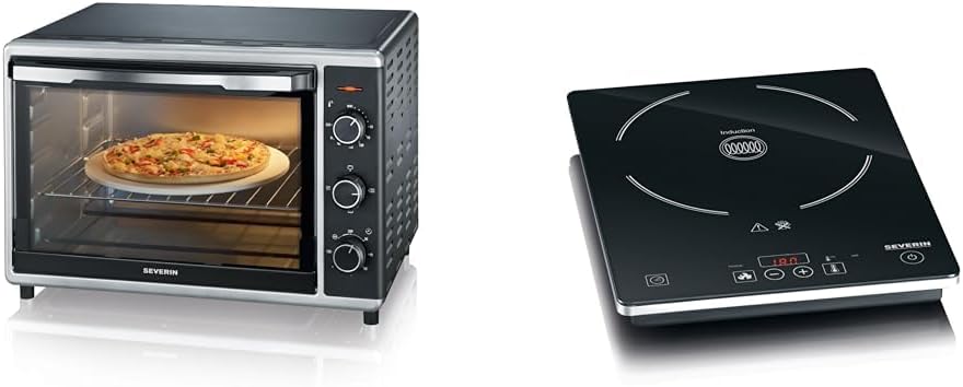 SEVERIN Mini-Four à chaleur tournante 42 L avec pierre à pizza et tournebroche, Four posable 1 800 W design élégant, électrique avec minuteur 120 min, Noir/Inox, TO 2058
