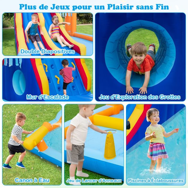 Chteau gonflable en forme bote avec toboggan aquatique & mur d’escalade charge 90 kg pour 3 enfants de 3-10 ans 693 x 295 x 263 cm sans souffleur 20_0008278