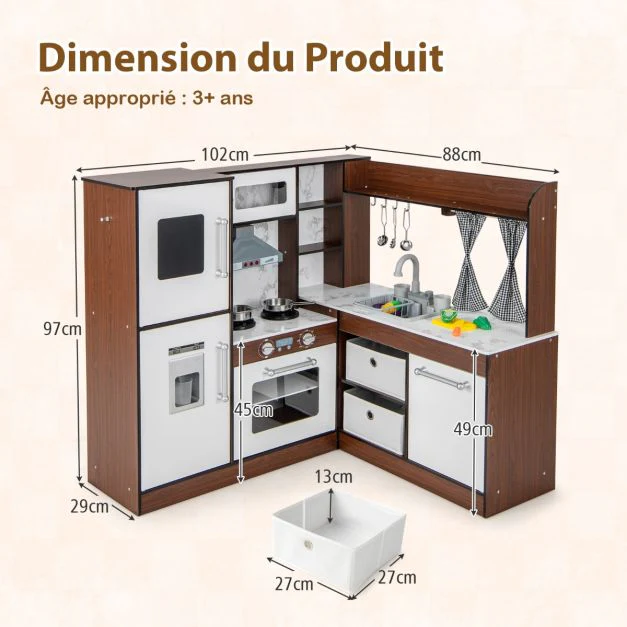 Cuisine enfant en bois pour 3 ans+ 18 accessoires avec lumière son et système de circulation d'eau marron 20_0008367