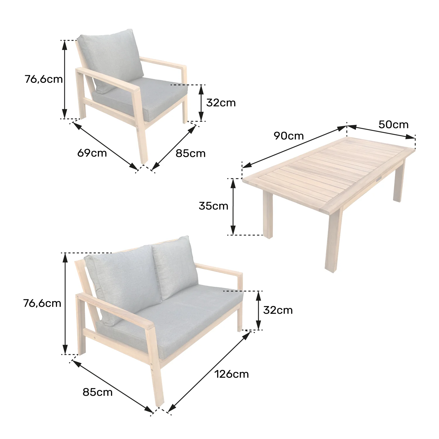 Salon de jardin en acacia 4 places GILI - coussins sable Happy Garden