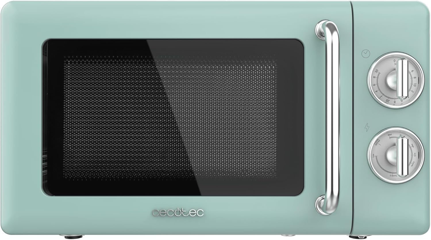 Cecotec Micro-Ondes Mécanique avec Grill Proclean 3110 Retro Bleu. 20 L, 700 W en 6 niveaux, minuterie jusqu'à 30 minutes, mode dégivrage, design vintage bleu, finitions en acier.