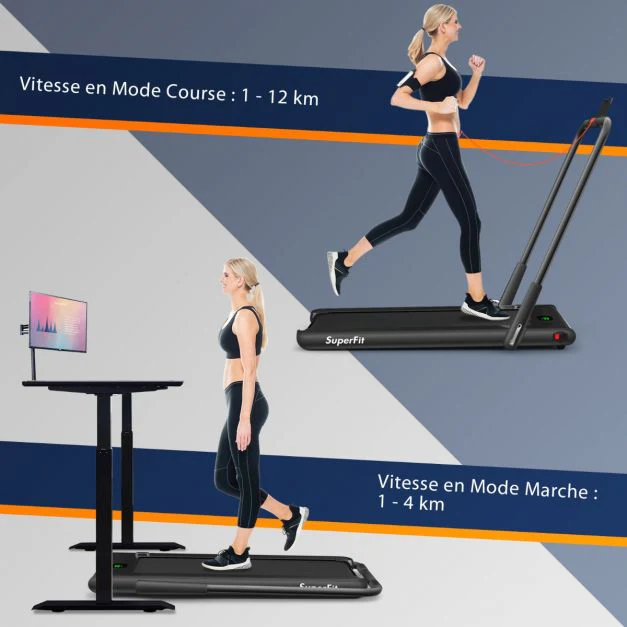 Tapis de course pliable 2 en 1 tapis roulant électrique motorisé 1-12 km/h avec télécommande écran LED noir 20_0006036