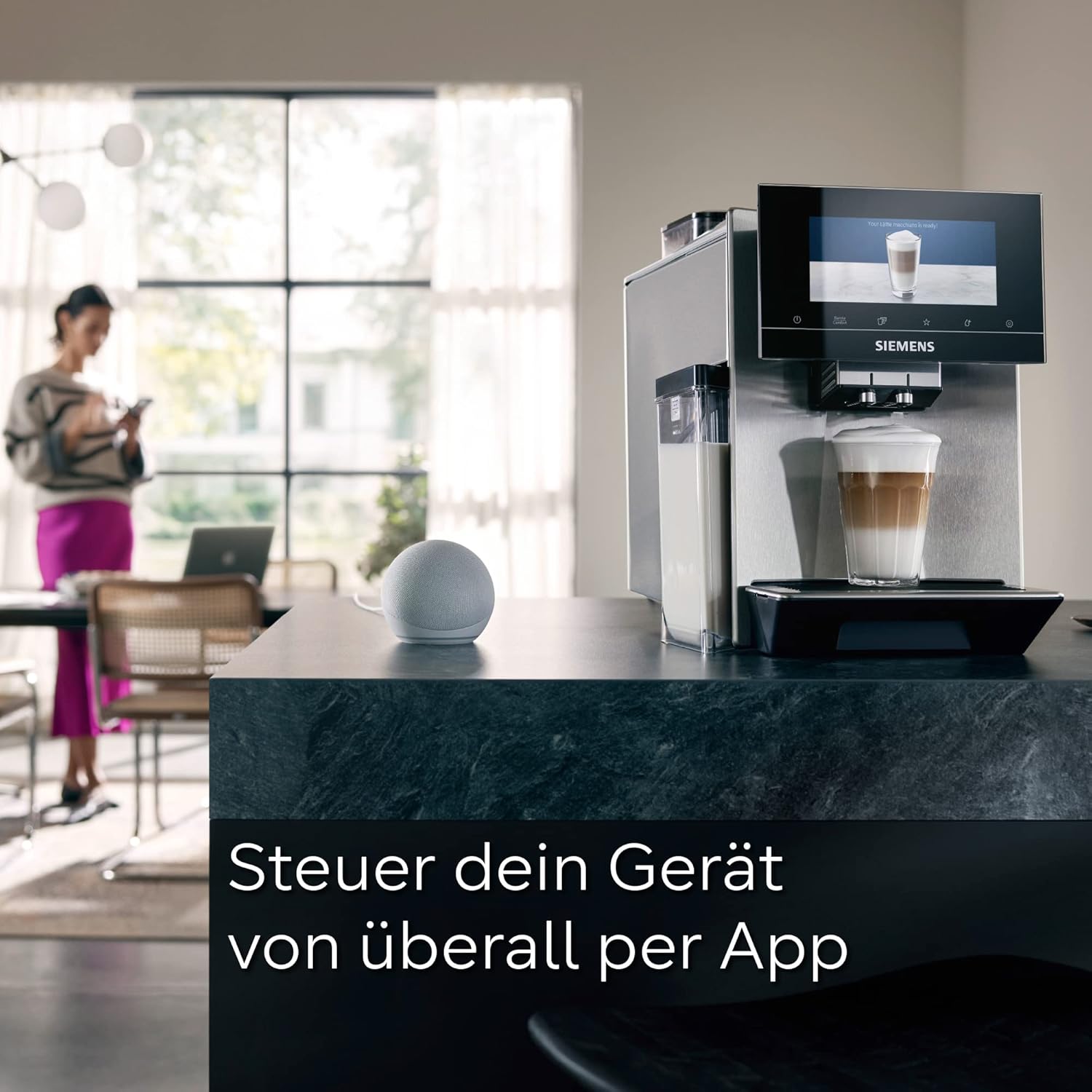 Siemens, machine à café automatique EQ900 TQ903D03, contrôle par l'application, écran tactile, mode barista, AromaBoost, réduction du bruit, broyeur premium, nettoyage à la vapeur, 1 500 W, inox