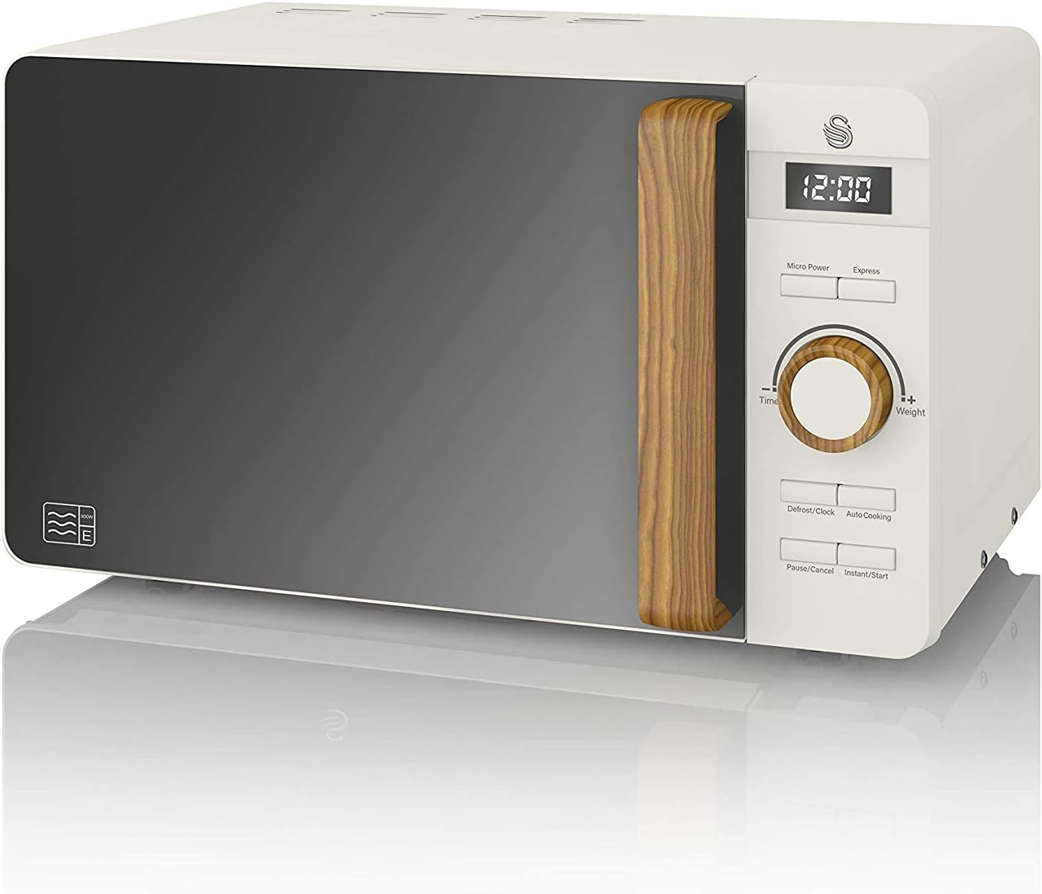 Swan Four à micro-ondes numérique Nordic 20 L, 6 niveaux de puissance, 800 W, minuterie de 30 minutes, nettoyage facile, mode dégivrage, design moderne, poignée effet bois, blanc mat