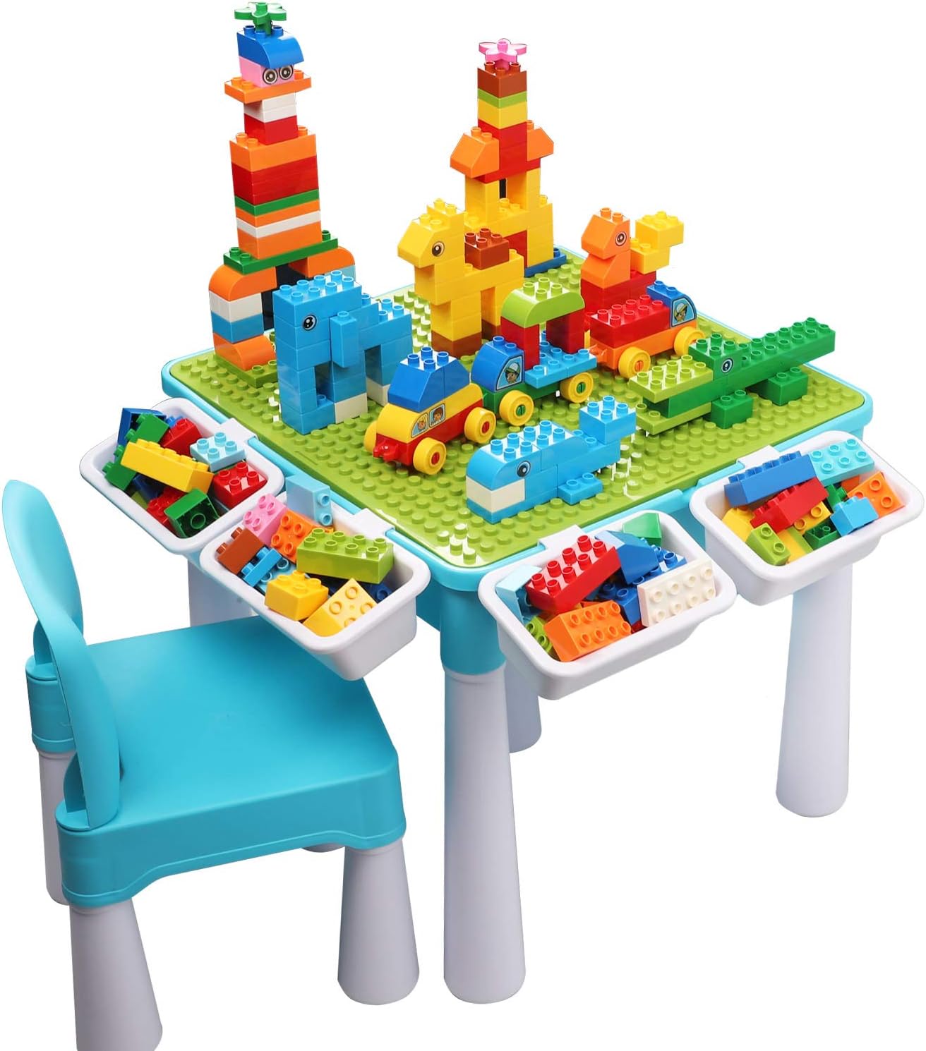 burgkidz Ensemble de Table Multi-activités pour Enfants 5-en-1-128 Pièces Blocs de Construction de Grandes Briques Compatibles, Jeu Comprenant 1 Chaise et 1 Table avec Rangement, Bleu