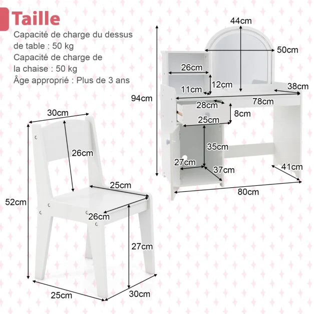 Coiffeuse et tabouret pour enfants avec miroir et 120 lumières led bureau enfants avec chaise 2 étagères et tiroir blanc 20_0008334