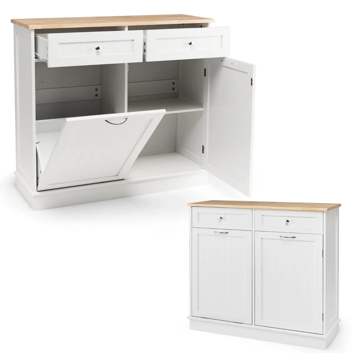 Buffet de cuisine avec plateau en caoutchouc 2 tiroirs étagère réglable et placard pour accueillir poubelle 42 l blanc 20_0004804
