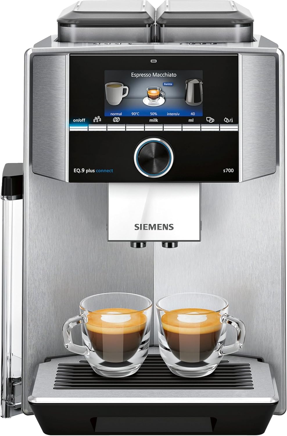 Siemens, machine à café automatique EQ900 TQ903D03, contrôle par l'application, écran tactile, mode barista, AromaBoost, réduction du bruit, broyeur premium, nettoyage à la vapeur, 1 500 W, inox