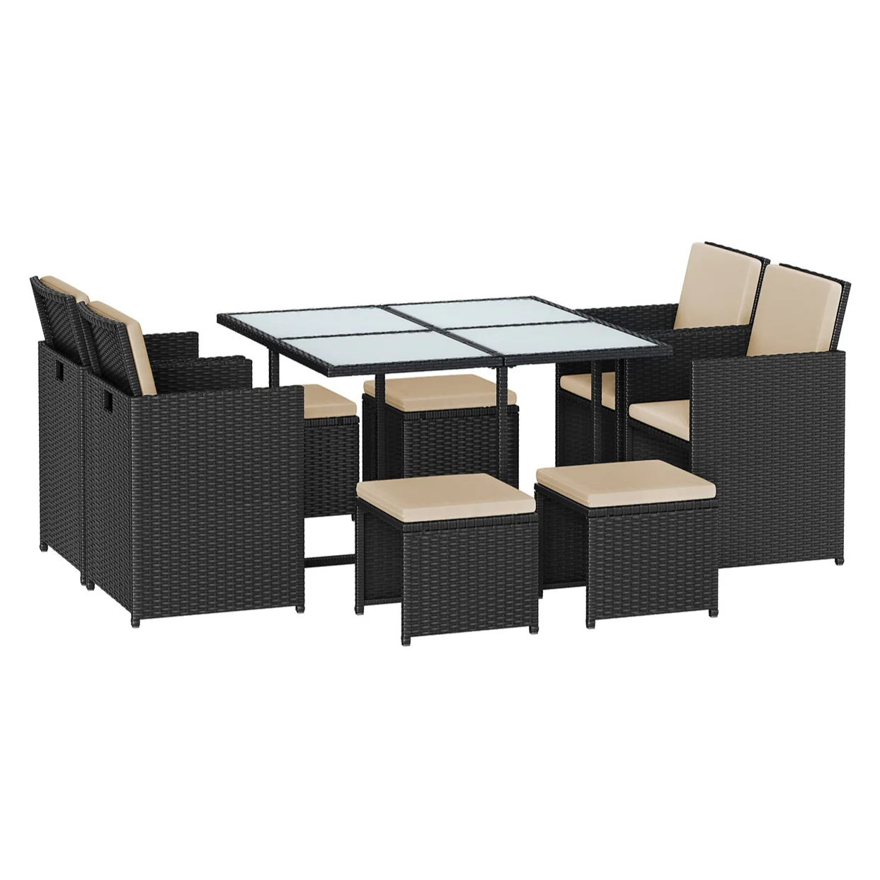 Salon de jardin extérieur ensemble de mobilier table et chaises 9 pièces surface tressée en pe dessus de table en verre avec coussins gain de place noir et beige 12_0001651