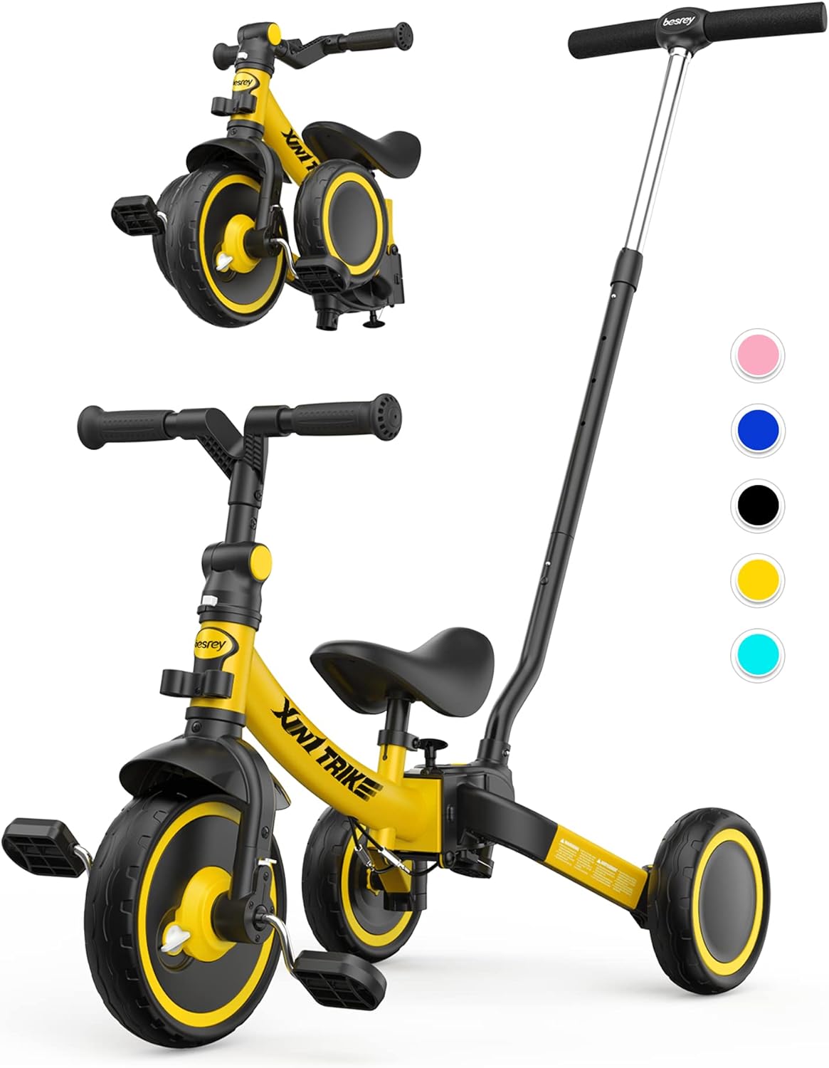 besrey 5 en 1 Tricycle Enfant bébé évolutif 1-4 Ans,Vélo Draisienne,Vélo sans Pédale,Noir