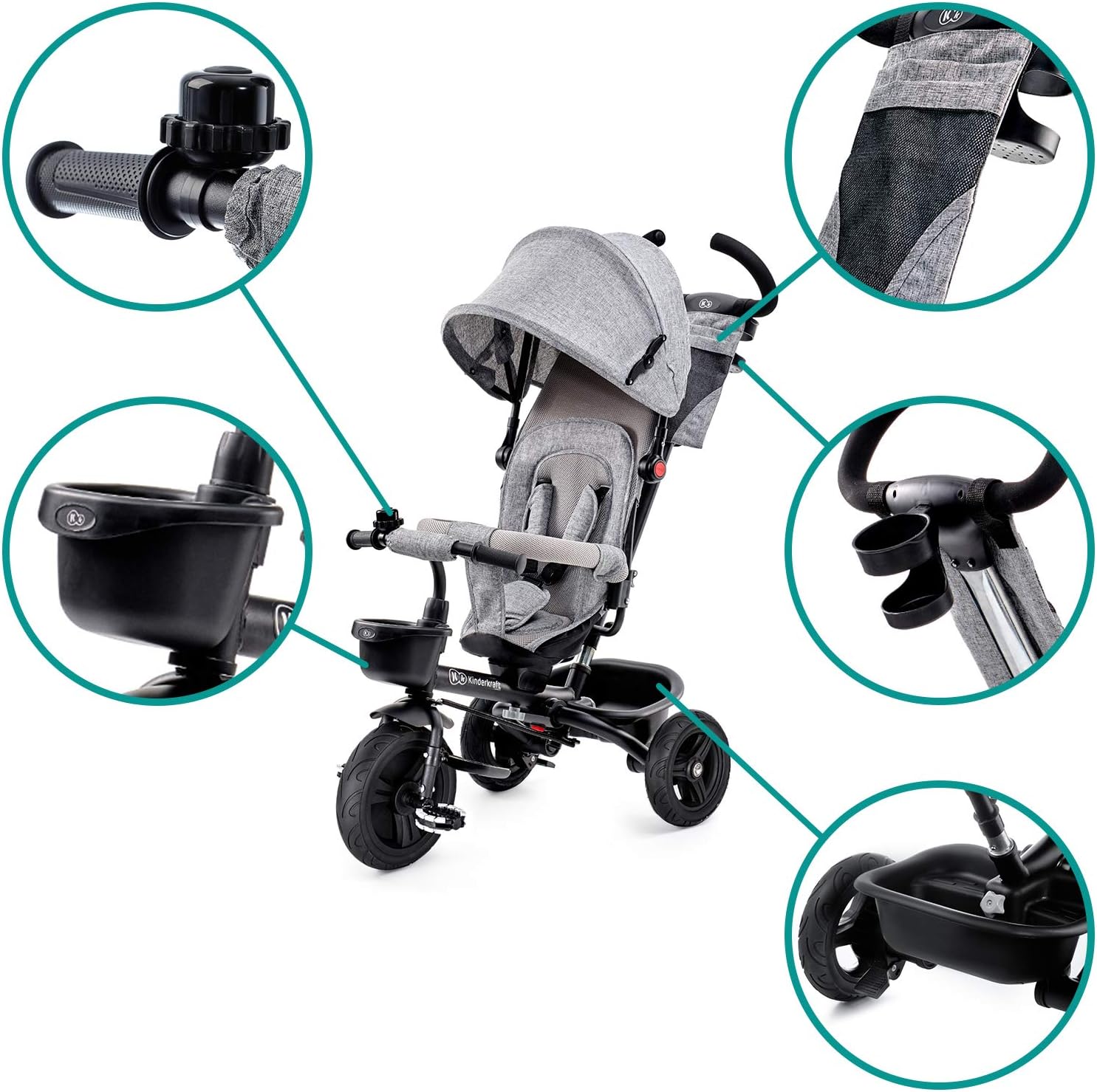 Kinderkraft AVEO Tricycle Bébé volutif, Draisienne volutif, Trike Bebe, Velo Poussette Bebe volutif, Velo Enfant 5 Ans, De 9 Mois, Pliable, Facile  Plier, Accessoires Pratiques, Gris