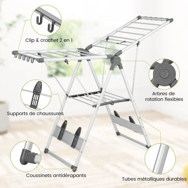 tente à linge pliable en aluminium à 2 niveaux 5 niveaux de hauteur réglable 21 rails de séchage étendoir à linge pliable intérieur/extérieur 20_0006865