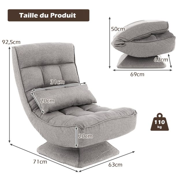 Chaise de sol pliable réglable à 5 positions fauteuil rembourré pivotante avec oreiller lombaire fauteuil de salon sans assemblage gris 20_0008122