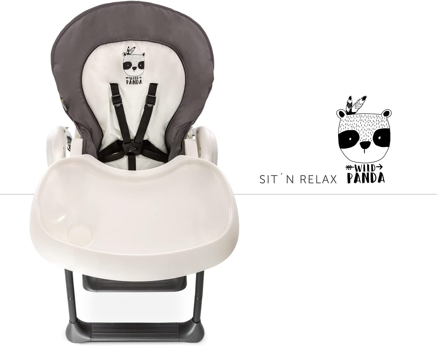 Hauck Chaise Haute Bébé Sit N Relax, Inclus Transat Bebe avec Arche de Jeux, Siège Enfant avec Plateau, Chssis Réglable en Hauteur avec Roues et Panier, Pliable - Wild Panda