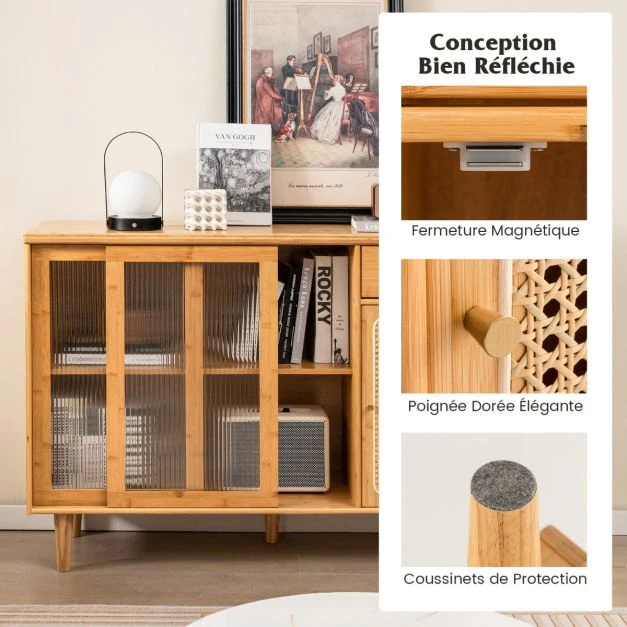 Buffet moderne du milieu du siècle en bambou avec portes coulissantes en verre trempé armoire et tiroir en rotin naturel 20_0007958