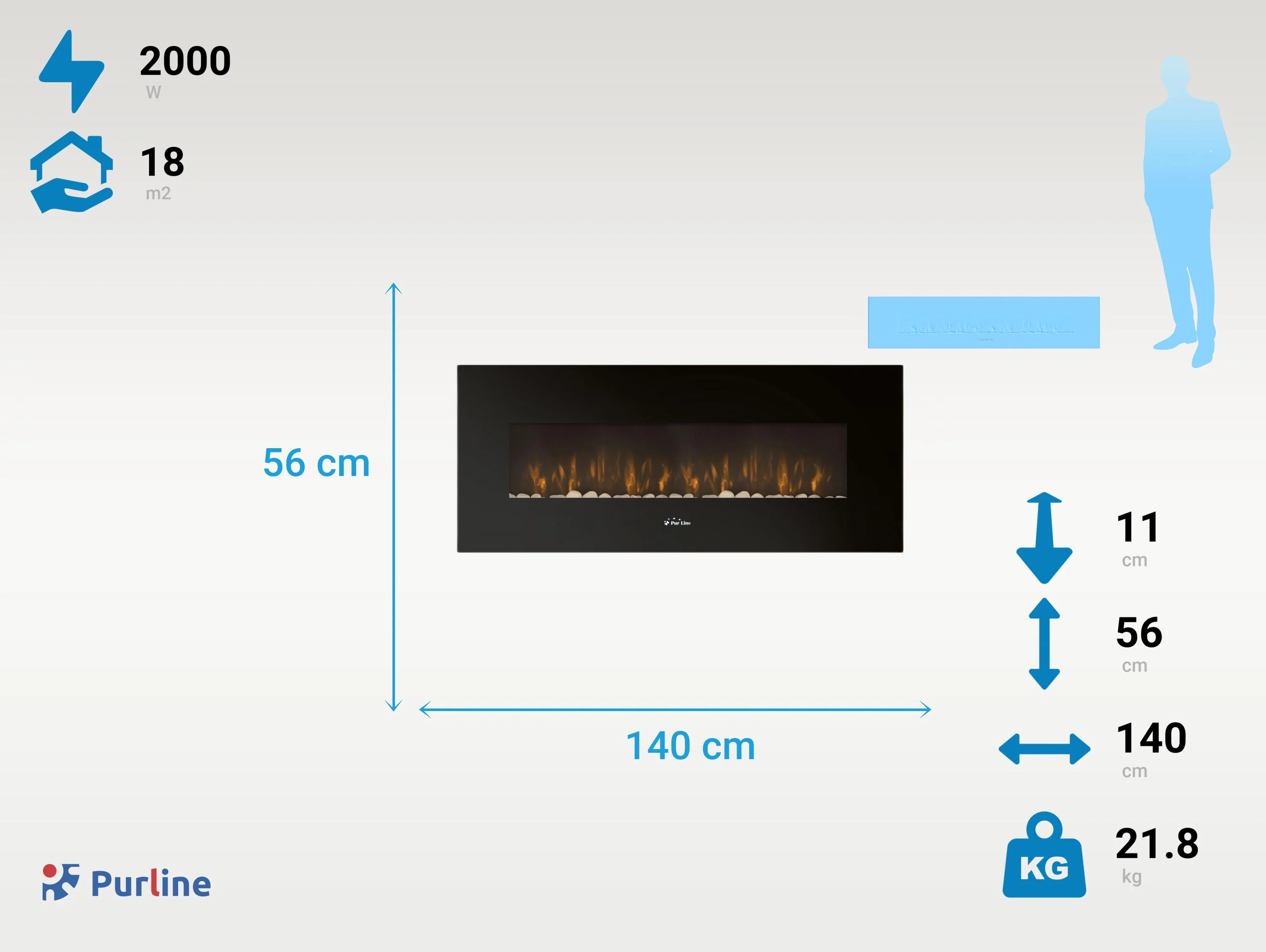 Cheminée murale électrique panoramique 2kW en verre trempé noir avec télécommande