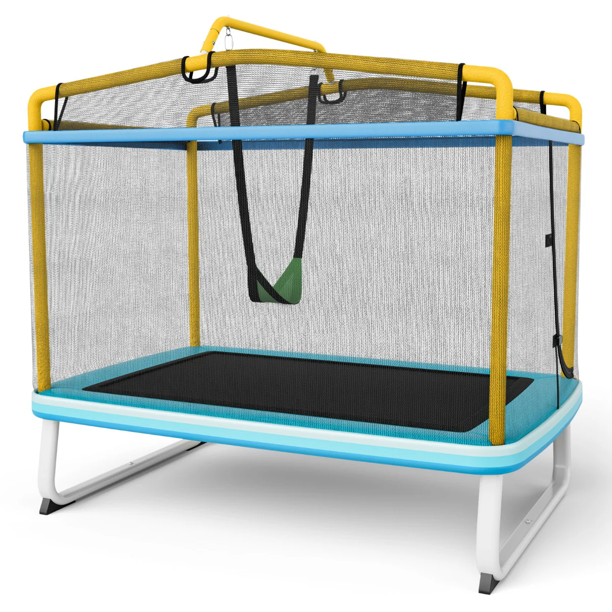 3 en 1 trampoline extérieur enfants rectangulair (190 x 124 cm) avec balanoire & barre horizontale filet de sécurité charge 110kg jaune 20_0006078
