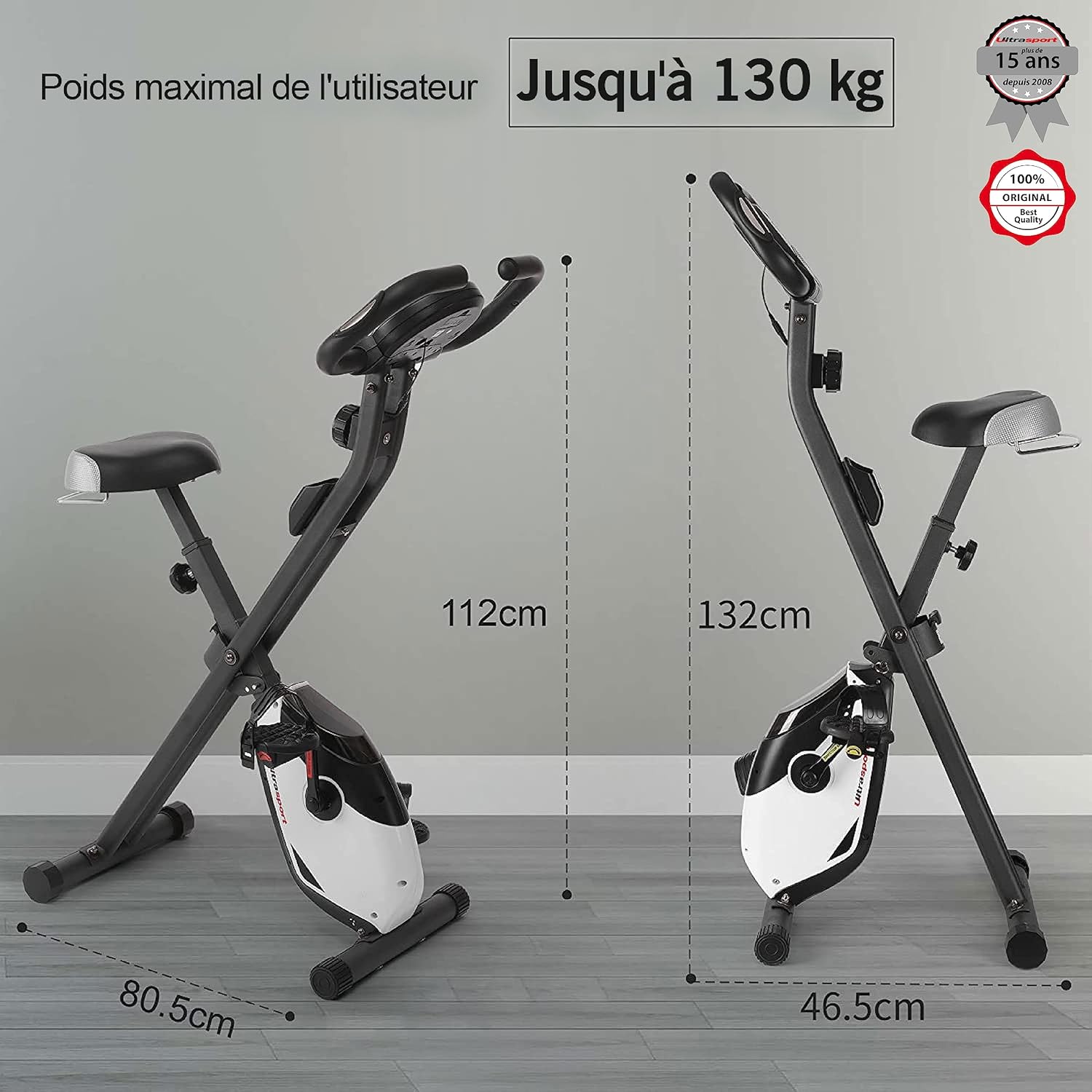 Ultrasport F-Bike, entraneur vélo, vélo d'appartement, home trainer pliable, écran LCD, opt. capteurs pouls main, Niveaux de résistance réglables, faciles à assembler, idéal pour athlètes et seniors