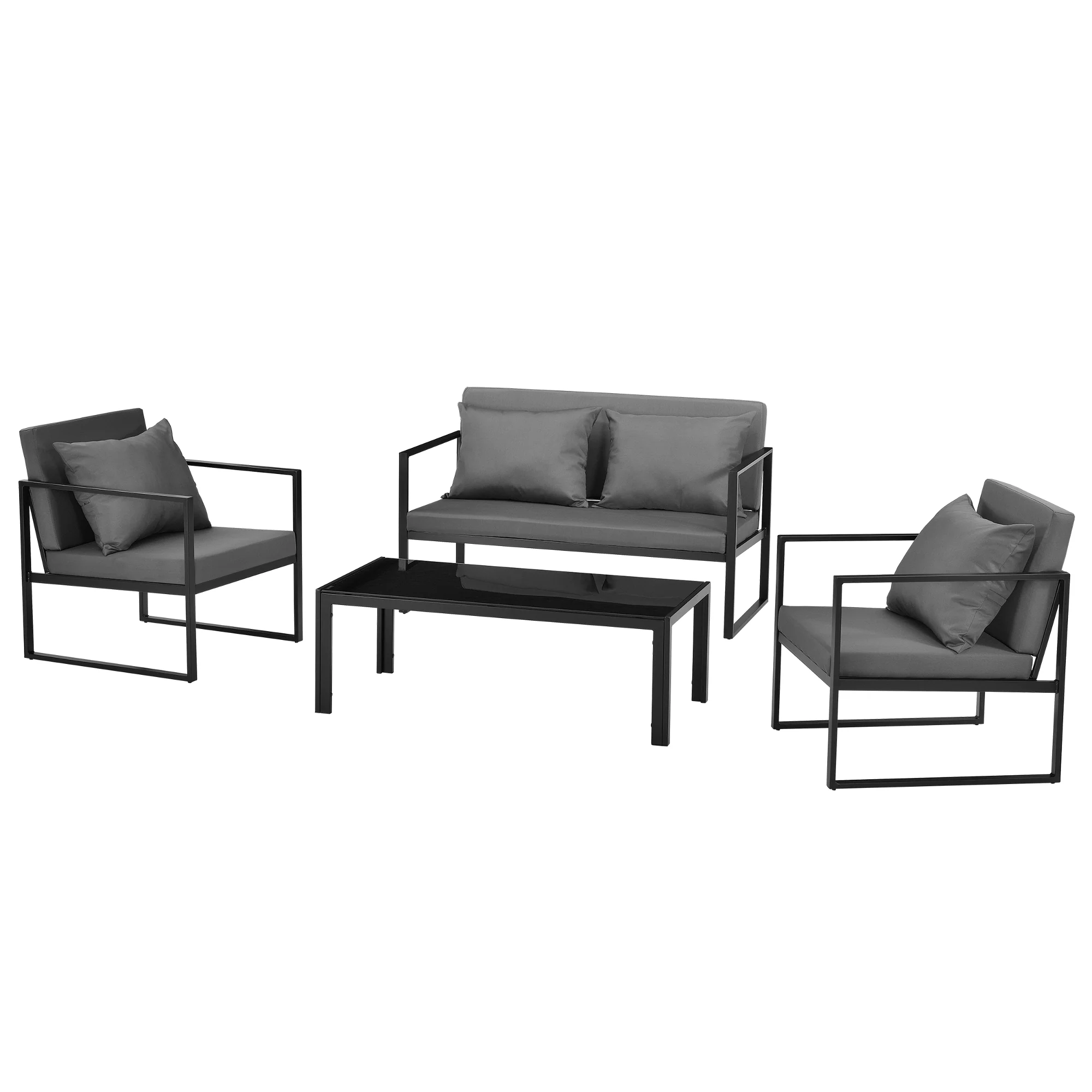 Salon de jardin ensemble de jardin table basse avec canapé et chaises extérieures métal verre polyester noir 03_0003587