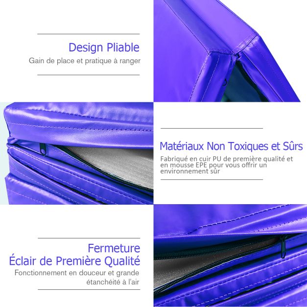 Tapis de gymnastique épais 300 x 116 x 5 cm matelas d'entrainement pliable en mousse et pu détachable avec 2 poignées fermetures à crochet violet 20_0006601