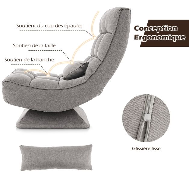 Chaise de sol pliable réglable à 5 positions fauteuil rembourré pivotante avec oreiller lombaire fauteuil de salon sans assemblage gris 20_0008122