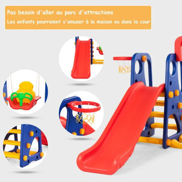 Toboggan enfants aire de jeux 3 en 1 avec balanoire portique panier de basketball escalade 20_0004983
